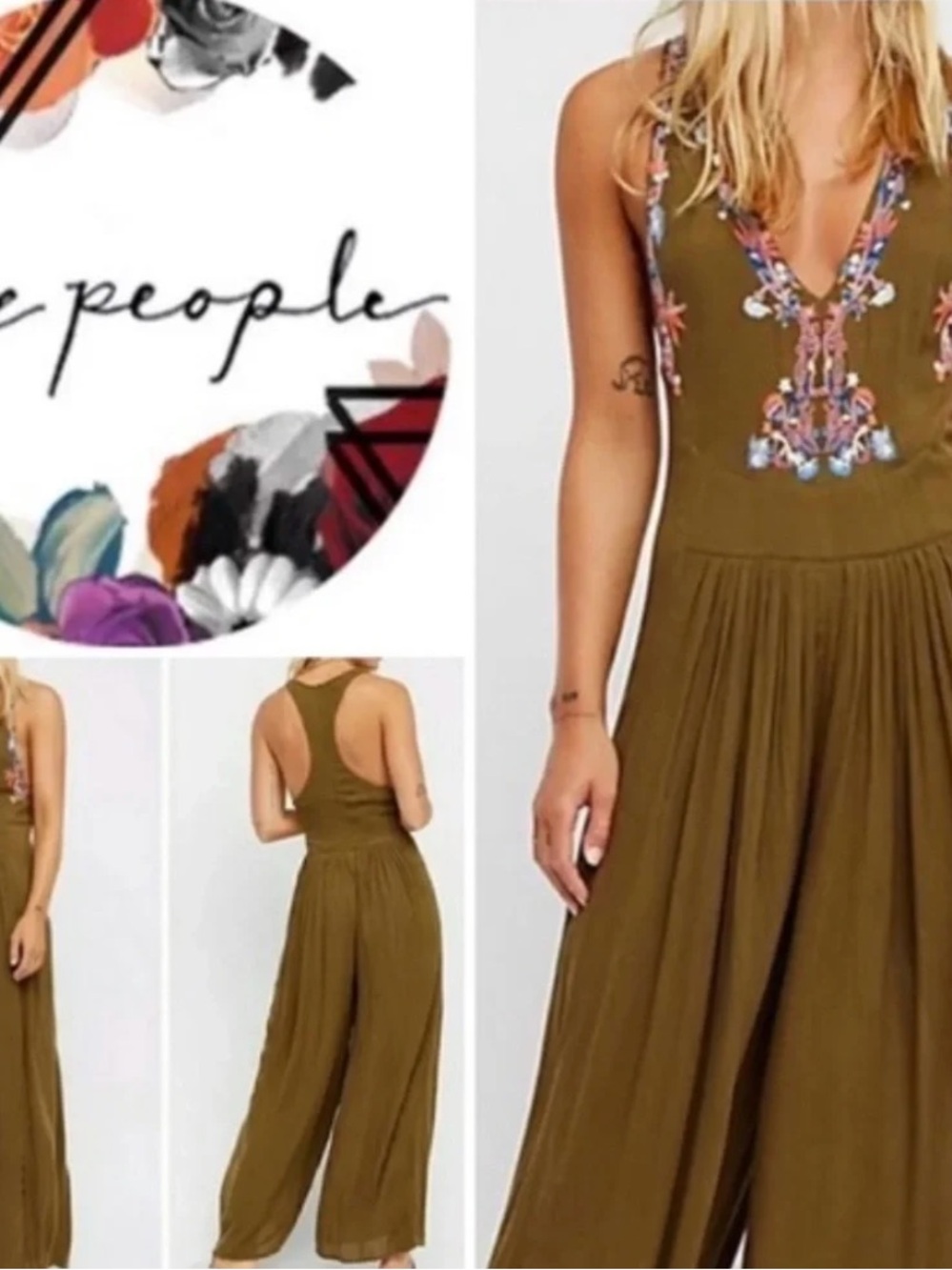 Free People Olive Green Embroidered V-Neck Wide Leg Jumpsuit